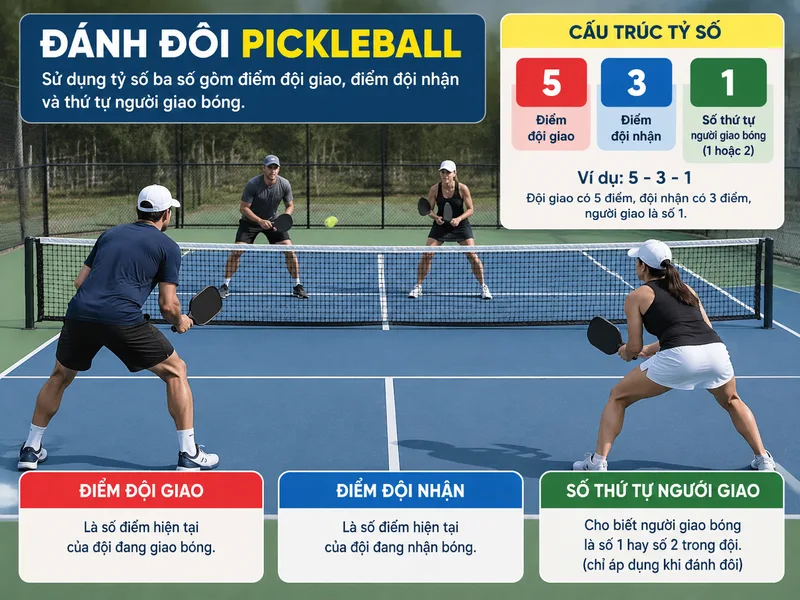 Đánh đôi Pickleball sử dụng tỷ số ba số gồm điểm đội giao, điểm đội nhận và thứ tự người giao bóng.