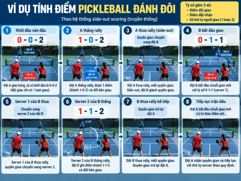 Ví dụ tình huống trên sân giúp người mới dễ hình dung cách luân chuyển quyền giao và cập nhật điểm số.
