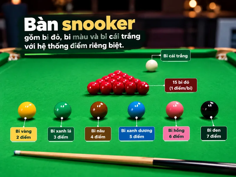 Bàn snooker gồm bi đỏ, bi màu và bi cái trắng với hệ thống điểm riêng biệt.